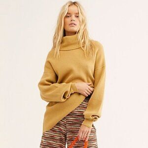 Free People Softly Structured Turtleneck Tunic Knit Sweater Mustard Yellow Small